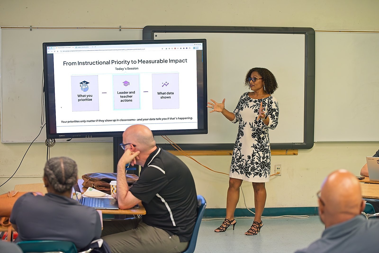 A presenter discussing turning instructional priorities into measurable impact
