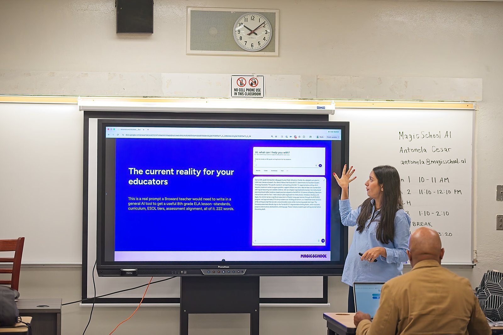A presenter demonstrating MagicSchool AI with a real classroom writing prompt